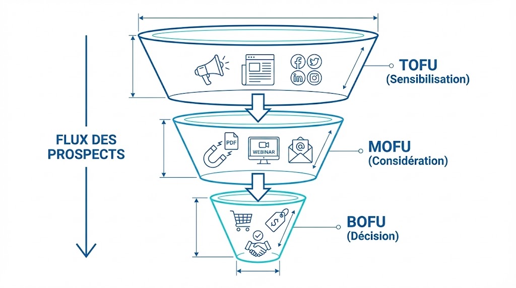 Les 3 étapes du tunnel de vente schéma
