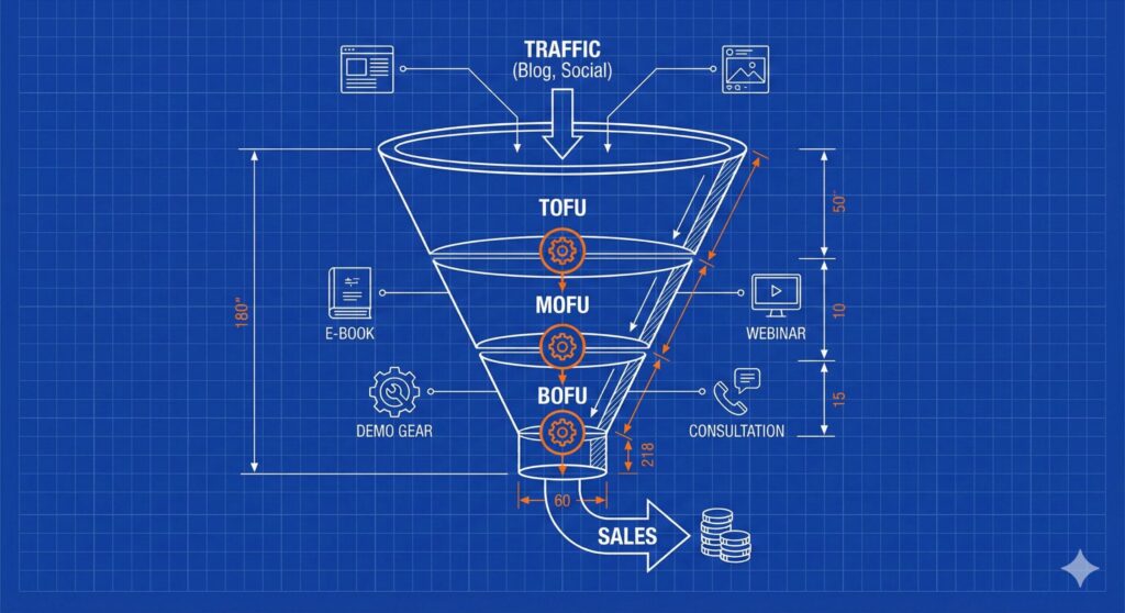 Schéma technique de la stratégie de contenu par étape du tunnel TOFU MOFU BOFU