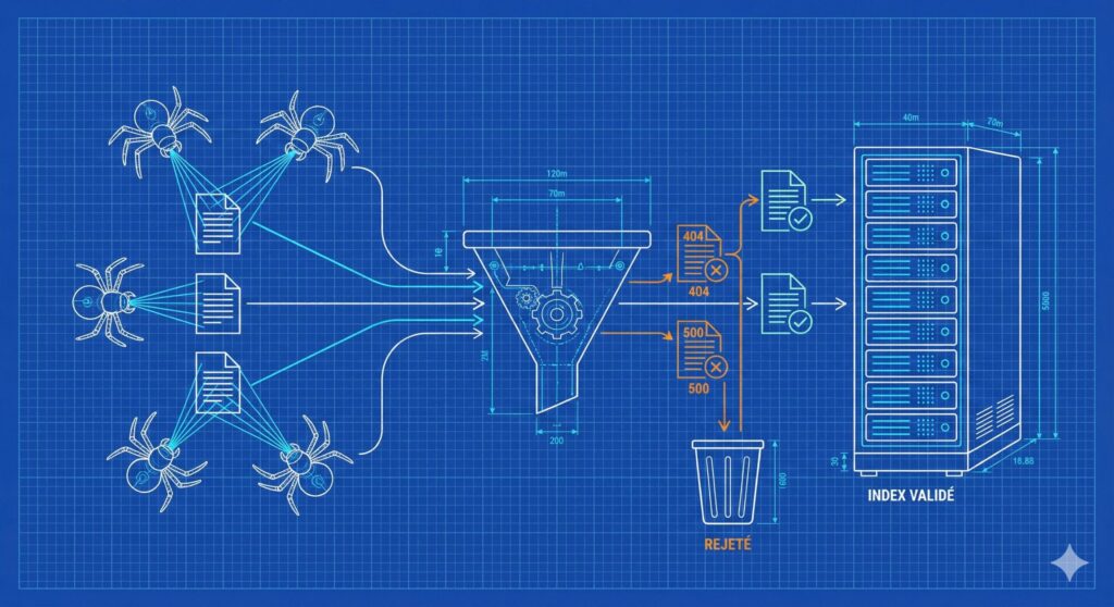 parcours d'une page web : le passage des robots Google, le filtre de qualité, et le stockage final dans l'index