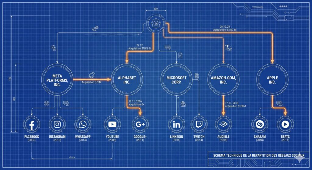 Schéma technique de la répartition des réseaux sociaux GAFAM
