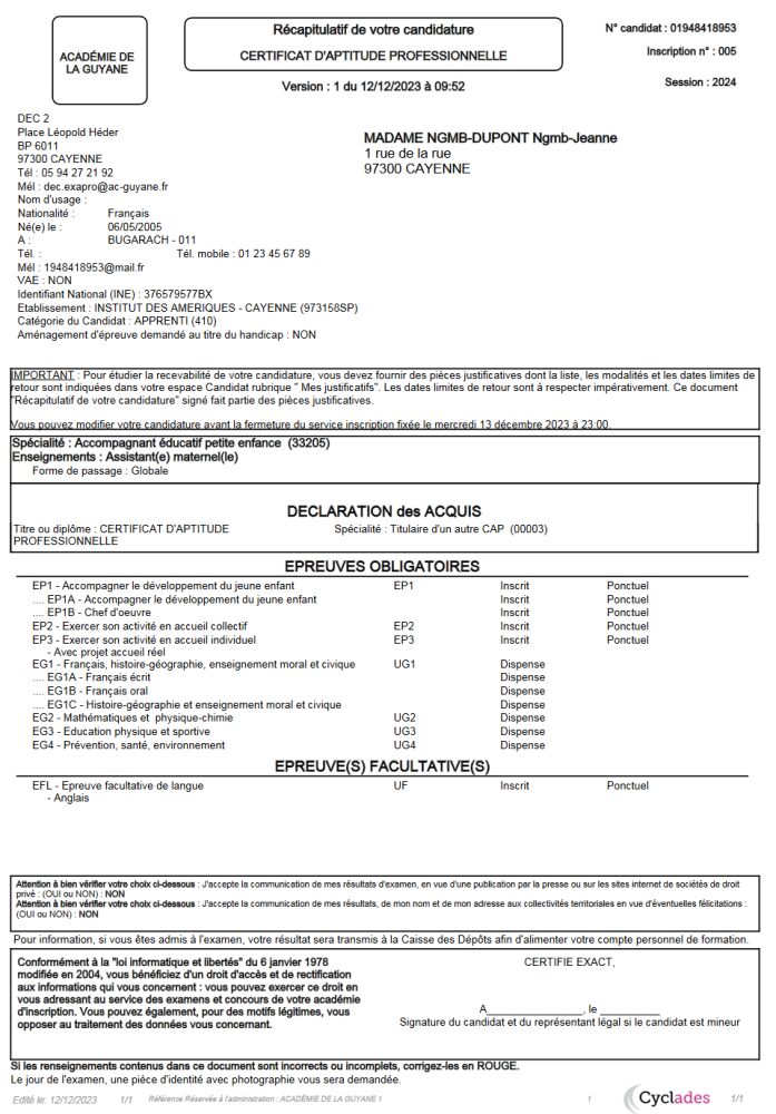 Exemple récapitulatif de votre candidature signé