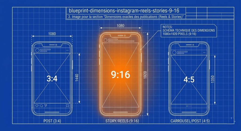 Schéma dimensions format Instagram 2026 1080x1920 pixels (9:16)